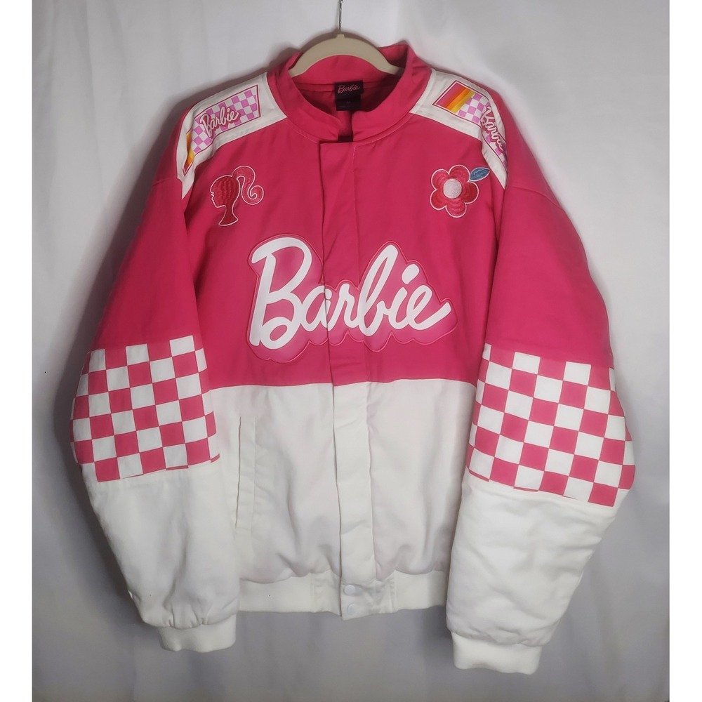 Boxlunch Barbie Pink White Checkered Racing Bomber Moto Jacket Coat Size Medium